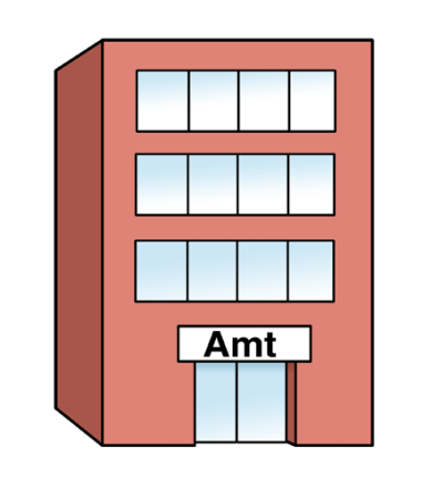 Office building A three-story red building with an "Amt" sign above the entrance.