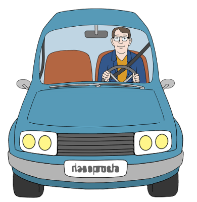 Car with driver A man sits behind the wheel of a blue car.