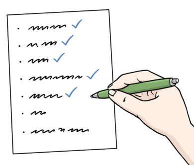 Checklist Words are written on a sheet of paper and a hand holding a pen ticks them off.