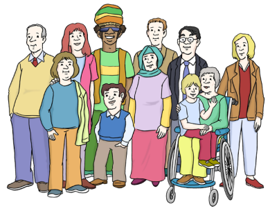 Symbolic image of inclusion The picture shows eleven people of different ages, ethnicities, disabilities and genders.
