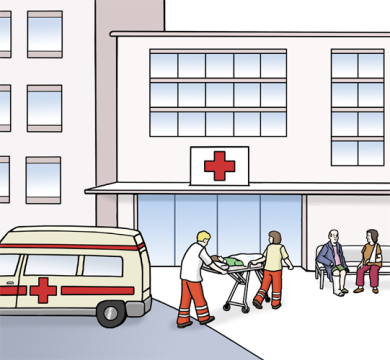 Entrance to a hospital A red cross is emblazoned above the entrance to the hospital. Two paramedics are pushing a patient on a stretcher into the hospital. Two patients are sitting on a bench next to the entrance.
