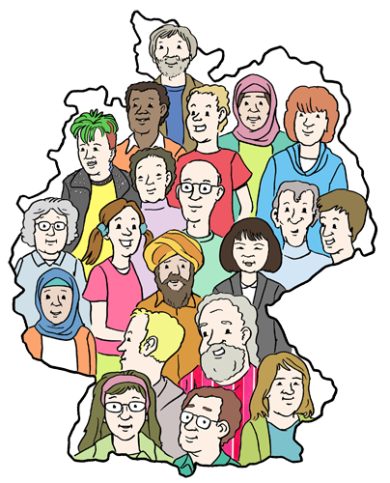 People in Germany Many people of different ethnic groups, ages and genders are surrounded by the stylized border of Germany.