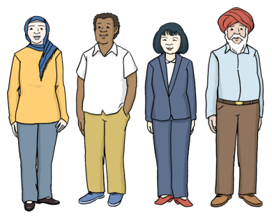 People from different countries Two women and two men from different countries stand together.