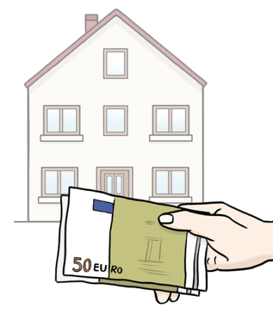 Symbolic image of paying rent In front of the three-story house in the background, a hand holds several 50 euro bills ready to be handed over.