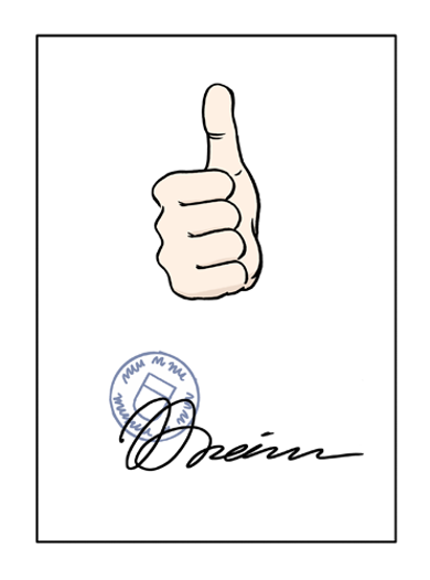Commitment A thumb pointing upwards is depicted on one sheet. A seal and a signature can be seen below it.