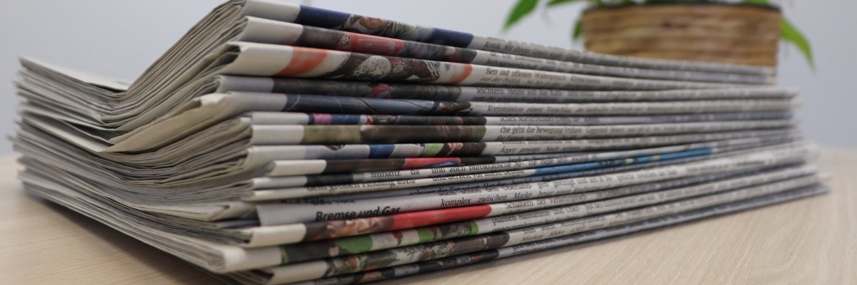 The photo shows a pile of newspapers with a flowering plant on the right in the background