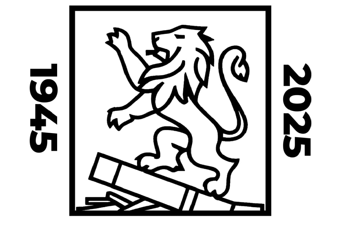 The logo for the 80th anniversary year of the end of the war shows a lion and the years 1946 and 2025 to the left and right of it.