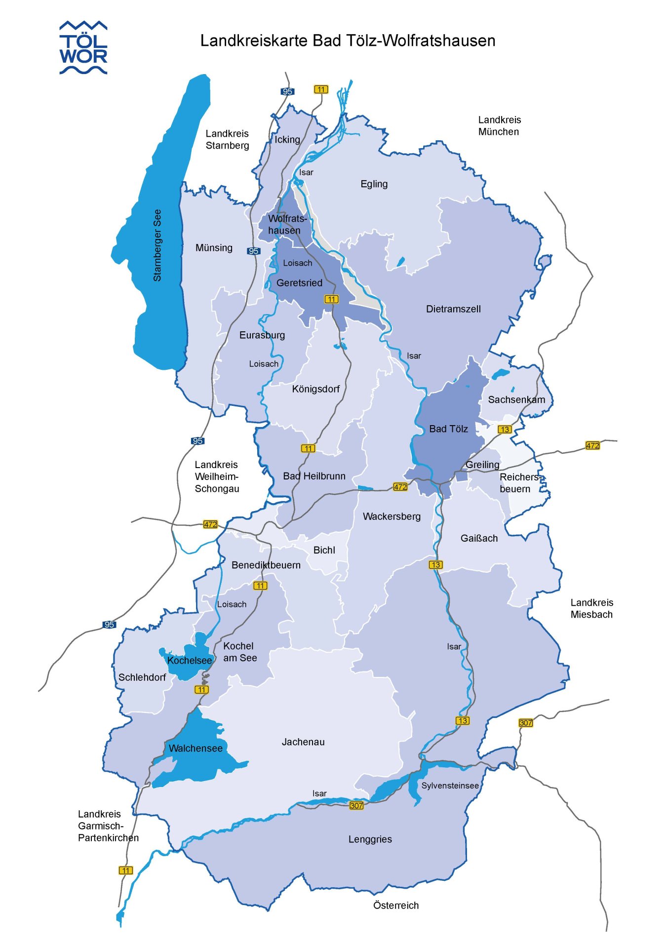 The map shows the outline of the district with the roads. The location of the 21 municipalities is recognizable.