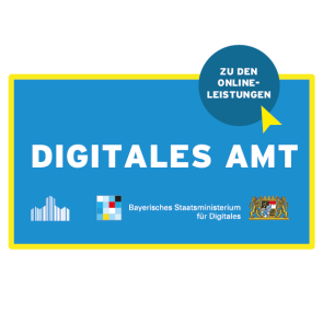 The image shows the badge with the white lettering "Digitales Amt" on a blue background from the State Ministry for Digital Affairs. Clicking on it will take you to the online procedures.