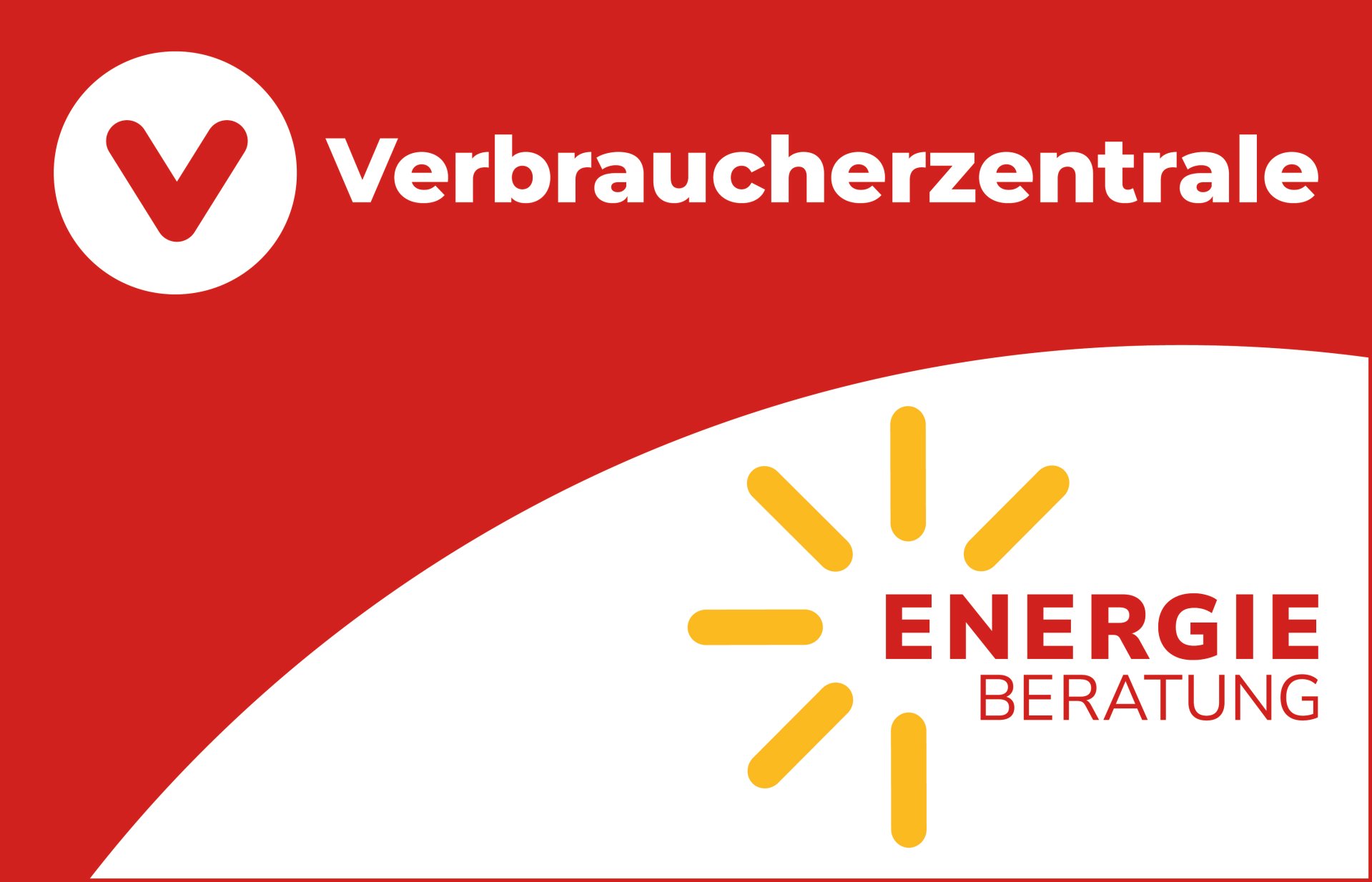 Logo of the consumer advice center's energy advice service. The header of the image is a red bar on which "Verbraucherzentrale" is written in white. The rest of the image has an orange background. At the bottom is "Energieberatung" in black and in the middle is a sun drawn in white with the center roughly painted in yellow.  