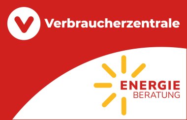 Logo of the consumer advice center's energy advice service. The header of the image is a red bar on which "Verbraucherzentrale" is written in white. The rest of the image has an orange background. At the bottom is "Energieberatung" in black and in the middle is a sun drawn in white with the center roughly painted in yellow.  