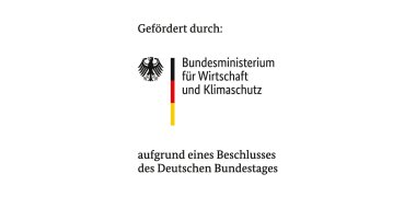"Supported by:" is written in black at the top on a white background. The logo is followed by the rectangular logo of the Federal Ministry of Economics and Climate Protection, which shows the federal eagle in black in the top left corner, a dividing stripe in the colors of the German flag in the middle and the name of the ministry in three lines in black to the right. Below this, also in black, is the words "aufgrund eines Beschlusses des Deutschen Bundestages".
