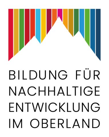 Logo des Netzwerkes "Bildung für nachhaltige Entwicklung im Oberland" Im oberen Teil des Logos ist ein dreigipfliger Bergumriss zu sehen, der sich auf dem weißen Grund nur durch den farbigen Himmel abzeichnet. Der Himmerl besteht auf vertikalen Streifen in den Farben der 17 Nachhaltigkeitszielen der Vereinten Nationen. In der unteren Hälfte des Logos steht in schwarz und in Großbuchstaben "Bildung für nachhaltige Entwicklung im Oberland" aufgeteilt auf 4 Zeilen.