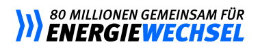 Auf weißem Grund steht in Großbuchstaben auf zwei Zeilen "80 Millionen gemeinsam für Energiewechsel", wobei "Wechsel" in blau geschrieben ist und der rest in schwarz. Links sind drei vertikale blaue Striche abgebildet, die leicht geknickt sind. 