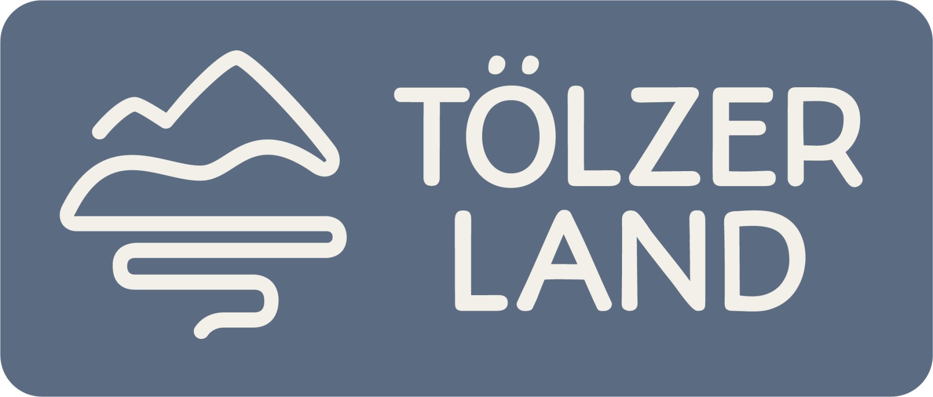 The logo is divided horizontally. At the top, the blue symbol on a white background shows mountains and the Isar. Below this, the words Tölzer Land in orange. Below in white lettering on a blue background: Bavaria's picture book country