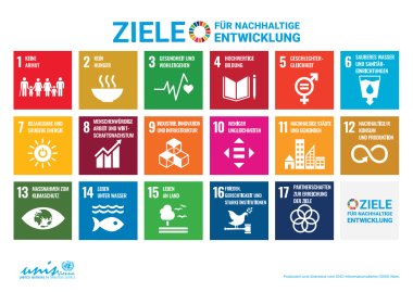 Poster. Above title "GOALS FOR SUSTAINABLE DEVELOPMENT", below in three rows 17 tiles with the illustration of the goals, footer left logo of the United Nations Information Service right copyright information "Produced and translated by the UN Information Service (UNIS) Vienna."