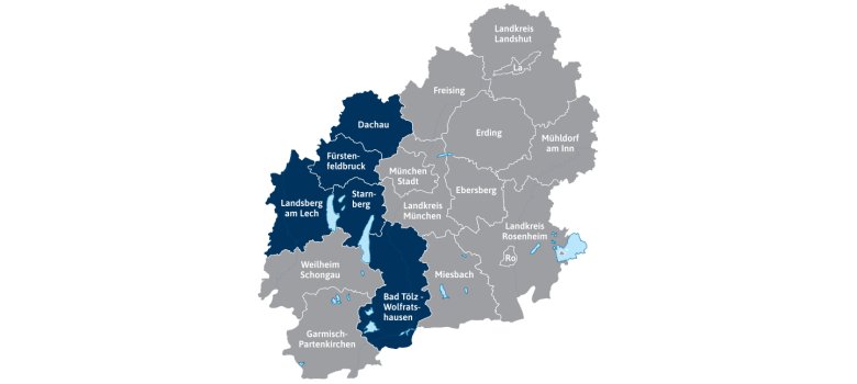 The map shows the districts that are members of the Munich Transport Association (MVV) and are participating in the open house. The districts highlighted in dark color—Bad Tölz-Wolfratshausen, Starnberg, Landsberg am Lech, Fürstenfeldbruck, and Dachau—are participating in the trial day. Also members of the MVV are the districts of Garmisch-Partenkirchen, Weilheim-Schongau, Miesbach, Rosenheim, Munich, Ebersberg, Erding, Freising, Landshut, and Mühldorf am Inn, as well as the cities of Rosenheim and Landshut and the state capital, Munich.