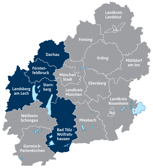The map shows the districts that are members of the Munich Transport Association (MVV) and are participating in the open house. The districts highlighted in dark color—Bad Tölz-Wolfratshausen, Starnberg, Landsberg am Lech, Fürstenfeldbruck, and Dachau—are participating in the trial day. Also members of the MVV are the districts of Garmisch-Partenkirchen, Weilheim-Schongau, Miesbach, Rosenheim, Munich, Ebersberg, Erding, Freising, Landshut, and Mühldorf am Inn, as well as the cities of Rosenheim and Landshut and the state capital, Munich.