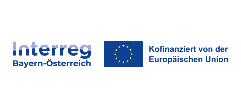 Logo of the INTERREG Bavaria-Austria 2021-2027 funding program, continued use for 2025 - 2028; together with the EU emblem and the note "Co-funded by the European Union"
