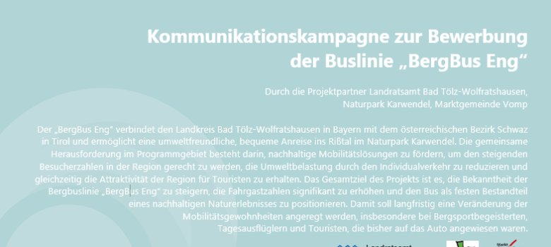 Info-Grafik zur Kommunikationskampagne für den Bergbus Eng, gefördert durch Interreg Bayern–Österreich. Zeigt Projektbeschreibung, Logos der Partner Landratsamt Bad Tölz-Wolfratshausen, Naturpark Karwendel und Marktgemeinde Vomp sowie das Ziel, mit Linie 369 und MVV- bzw. Deutschlandticket klimafreundliche Mobilität ins Rißtal zu fördern.