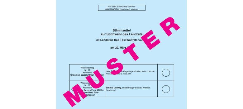 The section of the sample ballot paper for the run-off election for the district administrator on March 22, 2026 shows the two candidates Thomas Holz (CSU) and Ludwig Schmid (Freie Wähler) one below the other. Both are overprinted with the word Muster in greeting letters.