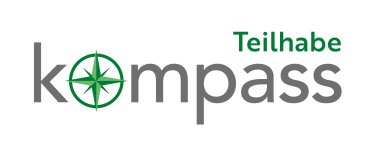 Participation Compass logo The word Teilhabekompass is written across two lines, with the O being a dark green compass needle. The word Teilhabe is also dark green.