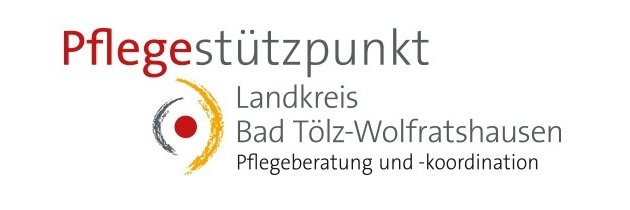 Writing in red and gray on a white background: Pflegestützpunkt - Landkreis Bad Tölz-Wolfratshausen - Pflegeberatung und Koordination