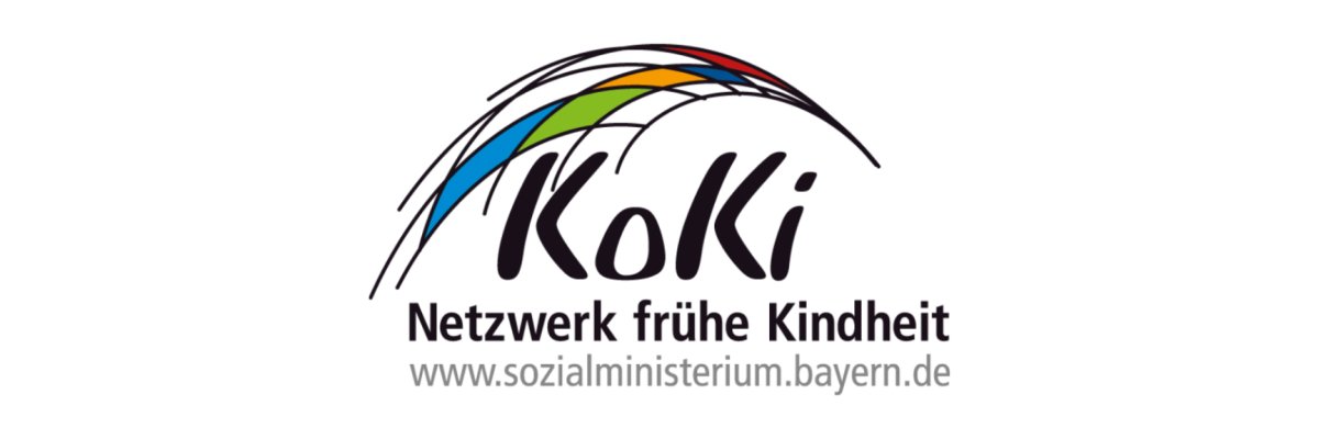 Banner Koki Logo of "KoKi - Netzwerk frühe Kindheit" with a colorful bow above it. Below it is the Internet address www.sozialministerium.bayern.de.