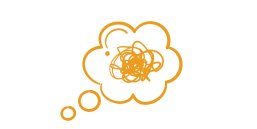 strange feeling_cloud-icon The picture shows an orange-colored thought bubble. In the middle of the bubble is a tangled ball of lines - like a tangled thread. This icon is intended to illustrate unclear feelings.