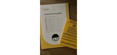 Photograph of an examination booklet for the preventive medical check-up and the vaccination card. Both booklets are yellow.