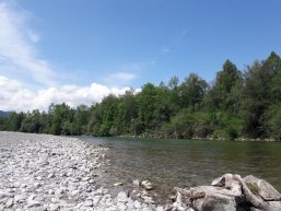 The picture shows the Isar with a stone man on the bank