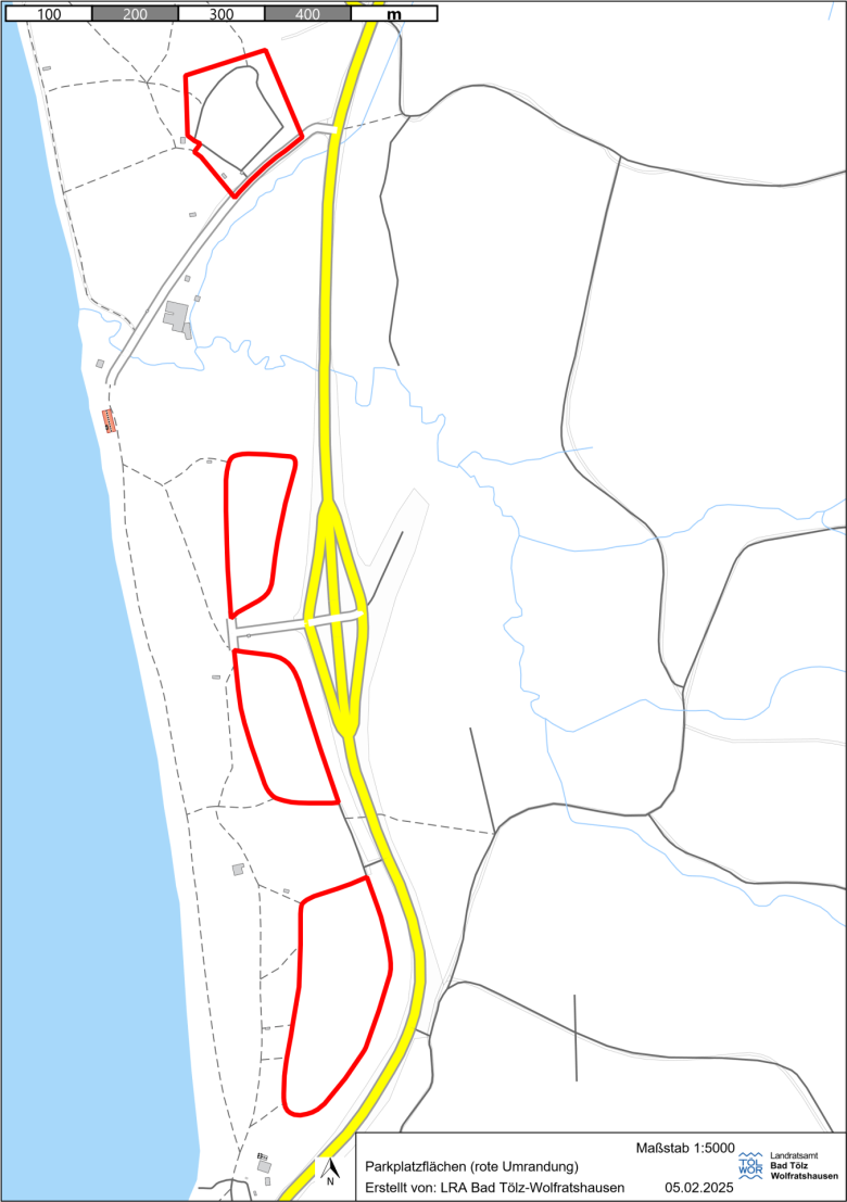 Cartographic representation of the recreation area. The outlines of the PArk areas are marked in red.