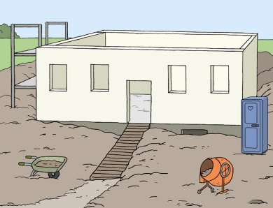 Baustelle Es ist ein Rohbau mit Gerüst und Baumaschinen zu sehen.