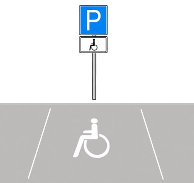Behindertenparkplatz Vor einem gekennzeichneten Parkplatzfeld steht ein Schild mit dem Parkplatz- und dem Behindertensymbol.