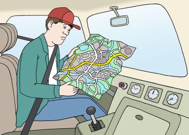 Fahrer mit Straßenkarte Ein hinter dem Steuer sitzender Fahrer sieht sich eine Straßenkarte an.