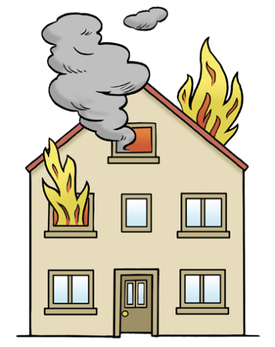 brennendes Haus Aus dem Dach und den Fenstern eines dreistöckigen Hausen schlagen Flammen und es steigt Rauch auf.