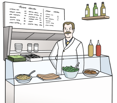 Imbiss Ein Mann steht hinter einer Imbisstheke und verkauft Essen.