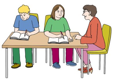 Schulassistenz An einem Schultisch sitzen zwei Schüler und arbeiten in einem Heft. Links sitzt ein blonder Junge, der mit einem Stift in sein Heft schreibt. Auf der rechten Seite sitzt ein braunhaariges Mädchen mit einem Stift in der Hand. Sie hört der am rechten schmalen Tischende sitzenden Schulassistentin zu, welche ihr beim Lösen der Aufgaben durch Erklärungen hilft.