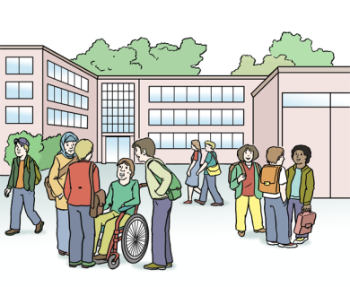 Schulhof Im Hintergrund ist ein zweiseitige Schulgebäude mit anschließender Sporthalle zu sehen. Im Hof ist eine inklusive Schülerschaft abgebildet.