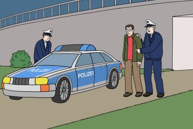 Verhaftung durch Polizei Ein Polizist verhaftet einen Mann. Ein anderer Polizist öffnet die Beifahrertür des Polizeiautos.