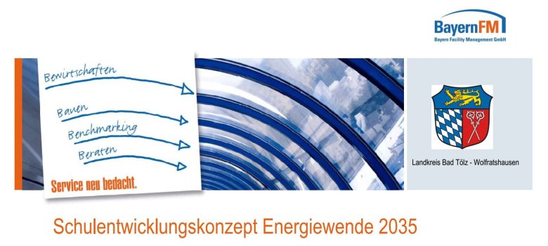 Zusammengesetztes Bild aus Wappen Landkreis, Logo Bayern FM, Schriftzug Schulentwicklungskonzept Energiewende 2025, im Hintergrund eine Halle mit Glasdach, darauf ein Notizzettel mit den Stichpunkten Bewirtschaften, Bauen, Benchmarking, Beraten