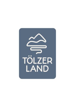 Das Logo ist horizontal geteilt. Oben als blaues Symbol auf weißem Grund Berge und Isar dargestellt. Darunter in Orange der Schriftzug Tölzer Land. Unten in weißer Schrift auf blauem Grund: Bayerns Bilderbuch-Land
