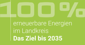 Logo KLimaschutz im Landkreis TÖL weiß durchscheinend in drei Zeilen auf hellgrünem Grund: 100%  - erneuerbare Energien im Landkreis - Das Ziel bis 2025