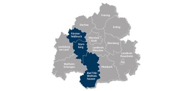Die Karte zeigt den MVV-Verbund. Hervorgehoben sind die Landkreise, die am ÖPNV-Schnuppertag teilnehmen: Fürstenfeldbruck, Starnberg und Bad Tölz-Wolfratshausen