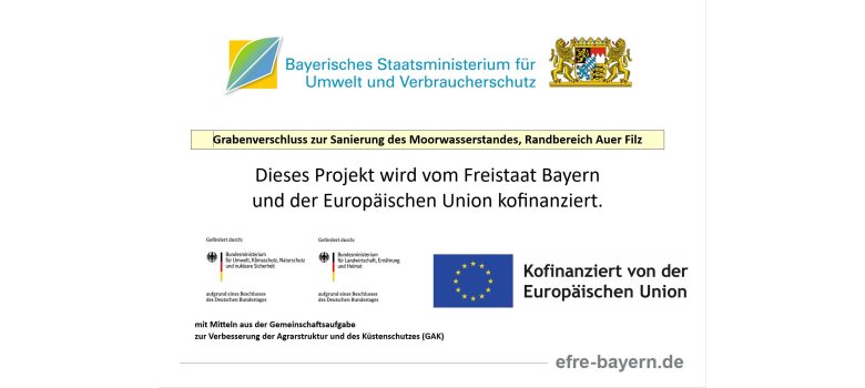 Auf dem Förderhinweis sind das Logo des Bayerischen Umwelt- und Verbraucherschutzministeriums zu sehen sowie der Hinweis Kofinanziert von der Europäischen Union mit der Europafahne. Im Text steht Grabenverschluss zur Sanierung des Moorwasserstandes, Randbereich Euer Filz. Dieses Projekt wird vom Freistaat Bayern und der Europäischen Union kofinanziert.