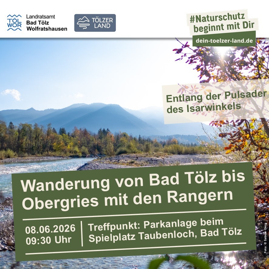 Plakat zur Rangerwanderung am 08.06.2026 von Bad Tölz nach Obergries