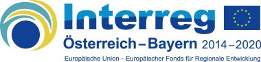 Links verschlungene Kreisförmige Linien; Mitte Schriftzüge Interreg, Österreich-BAyern 2024-2020, Europäische Union, Fonds für interregionale Entwicklung; rechts blaues EU-Logo mit goldenen Sternen im Kreis