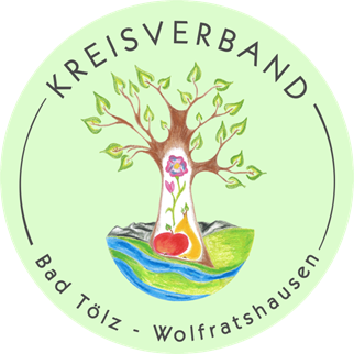 grünes Rundes Logo mit schwarzem Schriftzug im Kreis "Kreisverband Bad Tölz-Wolfratshausen". In der Mitte ein bunter stilisierter Baum, in dessen Stamm Obst und Blume abgebildet sind. Die Erde als Kübel steht für Wasser, Boden und Berge.