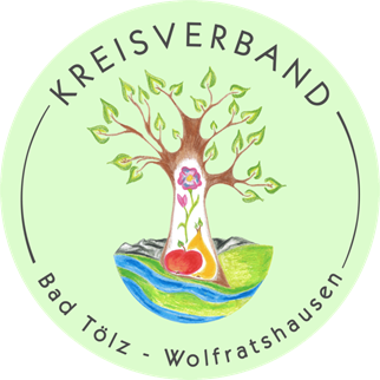 Logo Kreisverband Gartenbau Bad Tölz-Wolfratshausen grünes Rundes Logo mit schwarzem Schriftzug im Kreis "Kreisverband Bad Tölz-Wolfratshausen". In der Mitte ein bunter stilisierter Baum, in dessen Stamm Obst und Blume abgebildet sind. Die Erde als Kübel steht für Wasser, Boden und Berge.