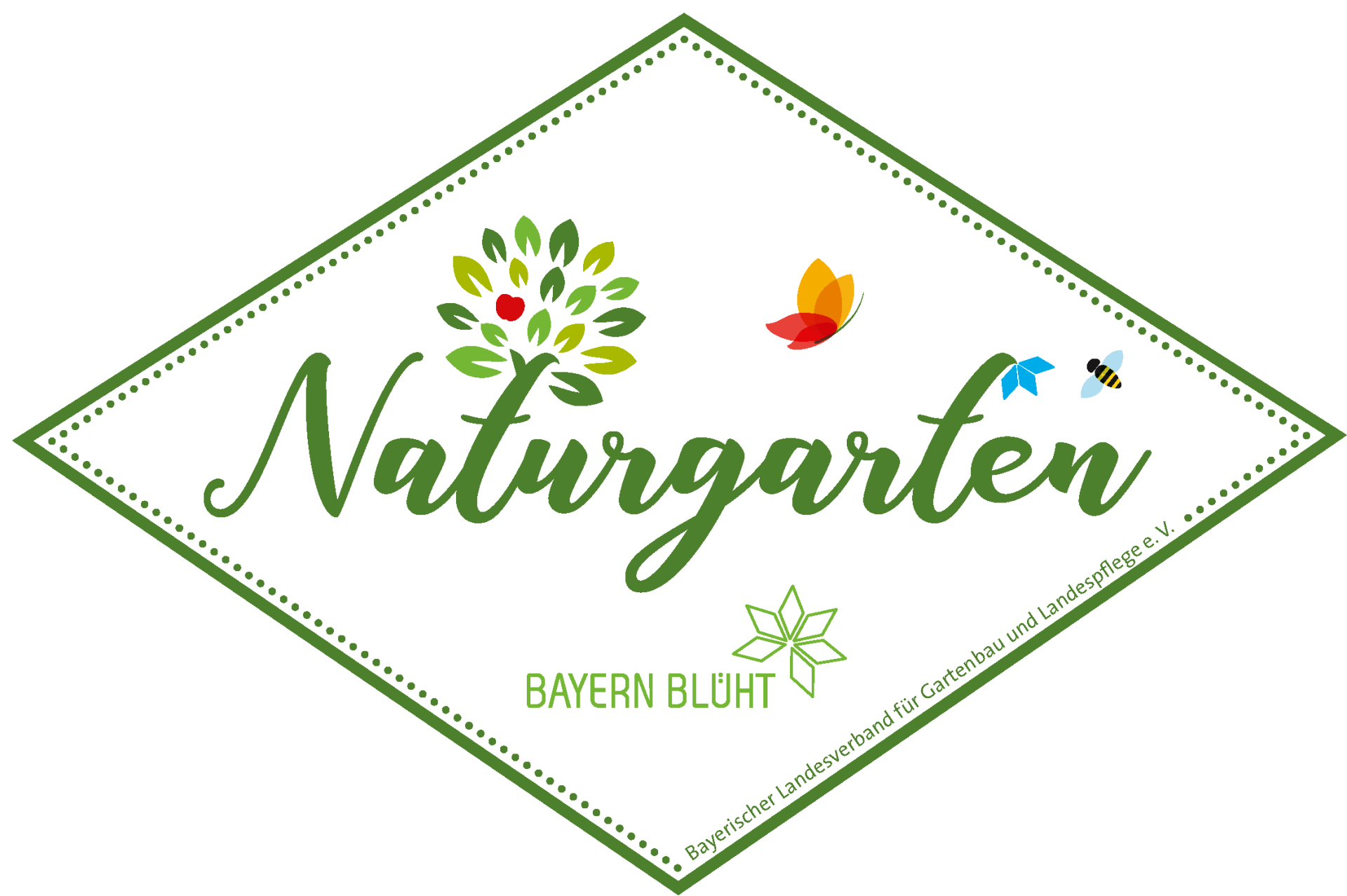 weiße Rauten mit grünem Rand, in der Mitte der grüne geschwungene Schriftzug "Naturgarten", klein darunter die Worte "Bayern blüht". Das "t" ist mit Blättern zum Baum stilisiert. SChmetterling und Biene fliegen.
